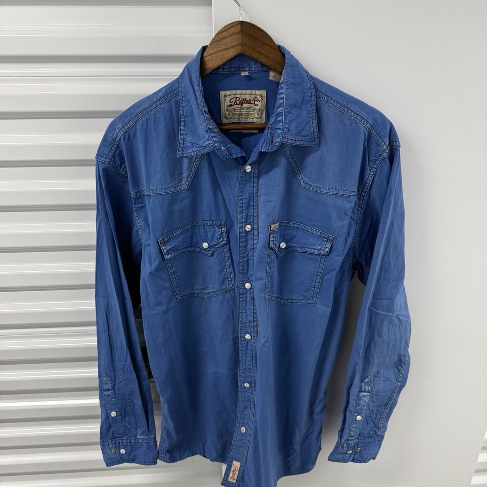 Rafter C Western Shirt Blue Faded Pearl Snap Cowboy Workwear Mens L